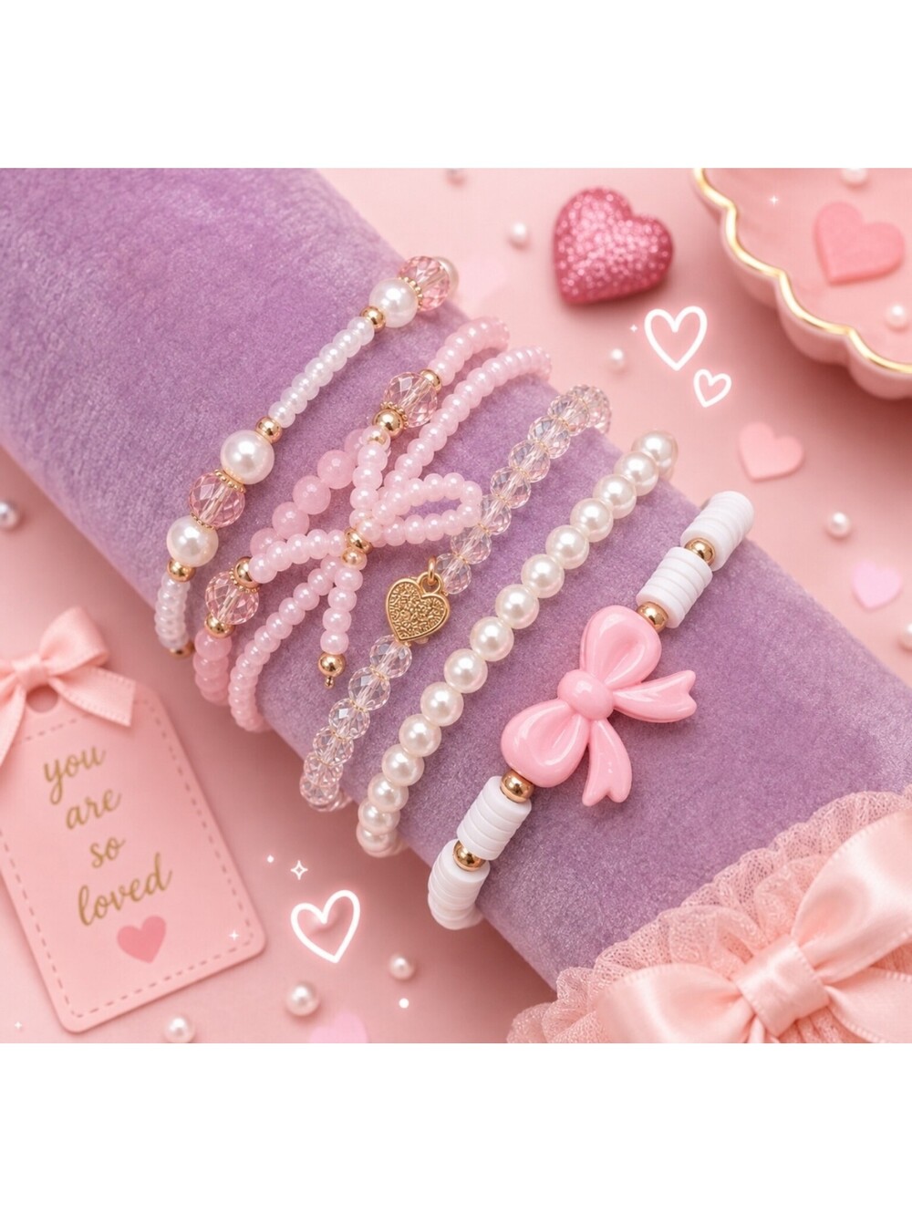 Coquette Valentine Lov Pink Bow Pearl Stackable Charm Bracelets